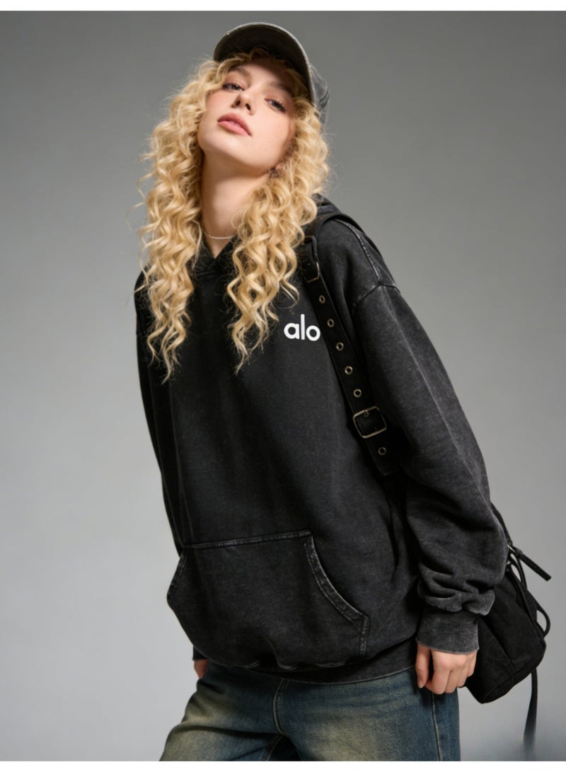 Alo Yoga Men's and Women's Cotton Washed Black Super Large Hoodie - Retro Fading Cotton Hoodie with Minimalist Logo and Kangaroo Pocket, Suitable for Both Men and Women, 400g Heavy Material Thickened for Warmth - Image 3